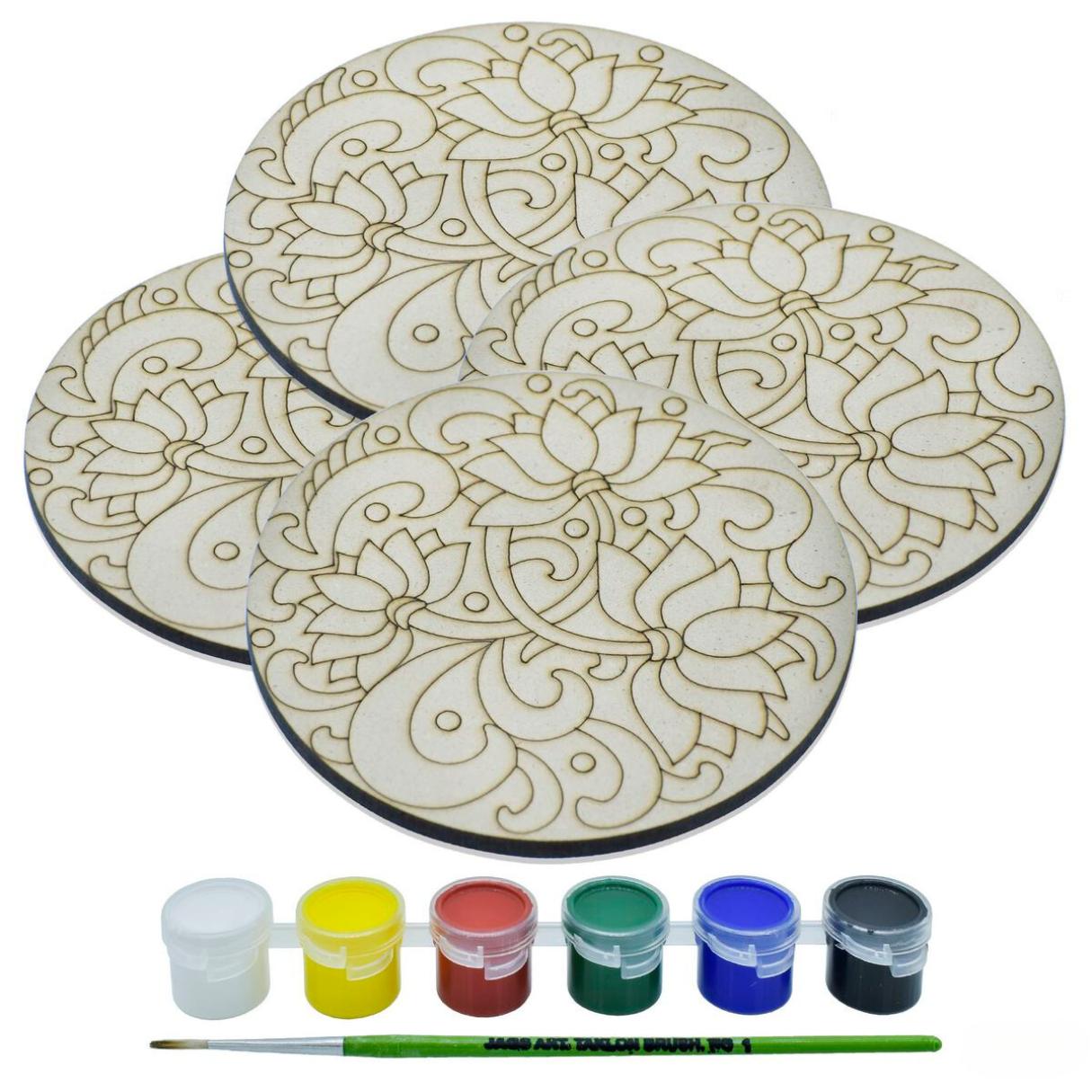 Pre Marked MDF Floral Rangoli Cutout With Brush Water Colors | Pack Of 4 | 4 Inch