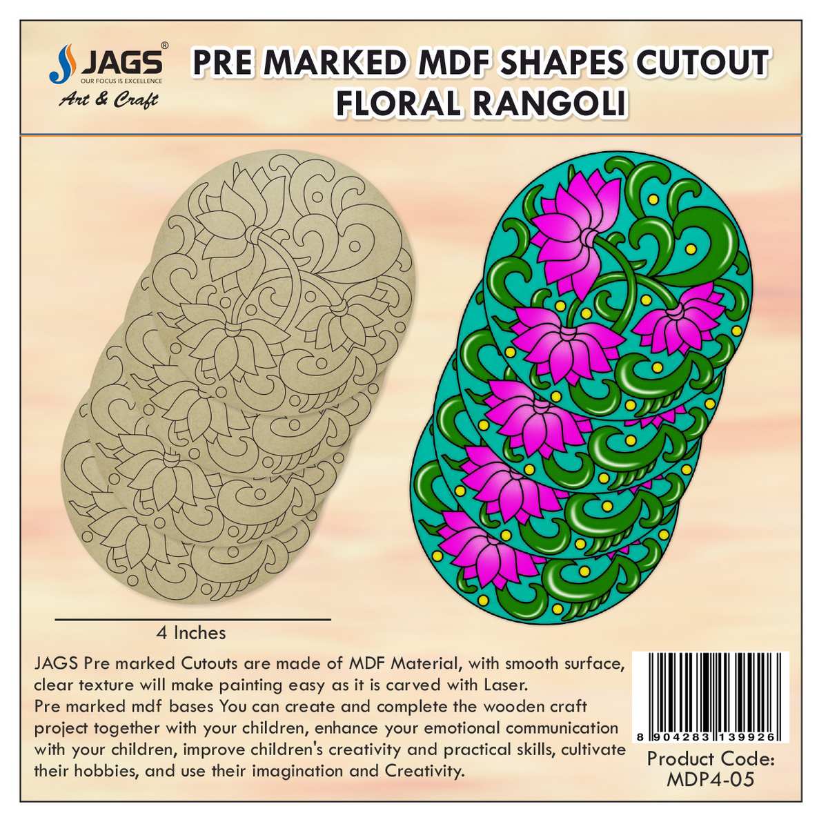 Pre Marked MDF Floral Rangoli Cutout With Brush Water Colors | Pack Of 4 | 4 Inch