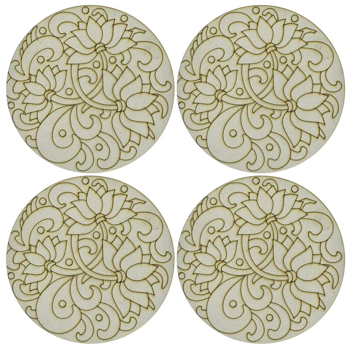 Pre Marked MDF Floral Rangoli Cutout With Brush Water Colors | Pack Of 4 | 4 Inch