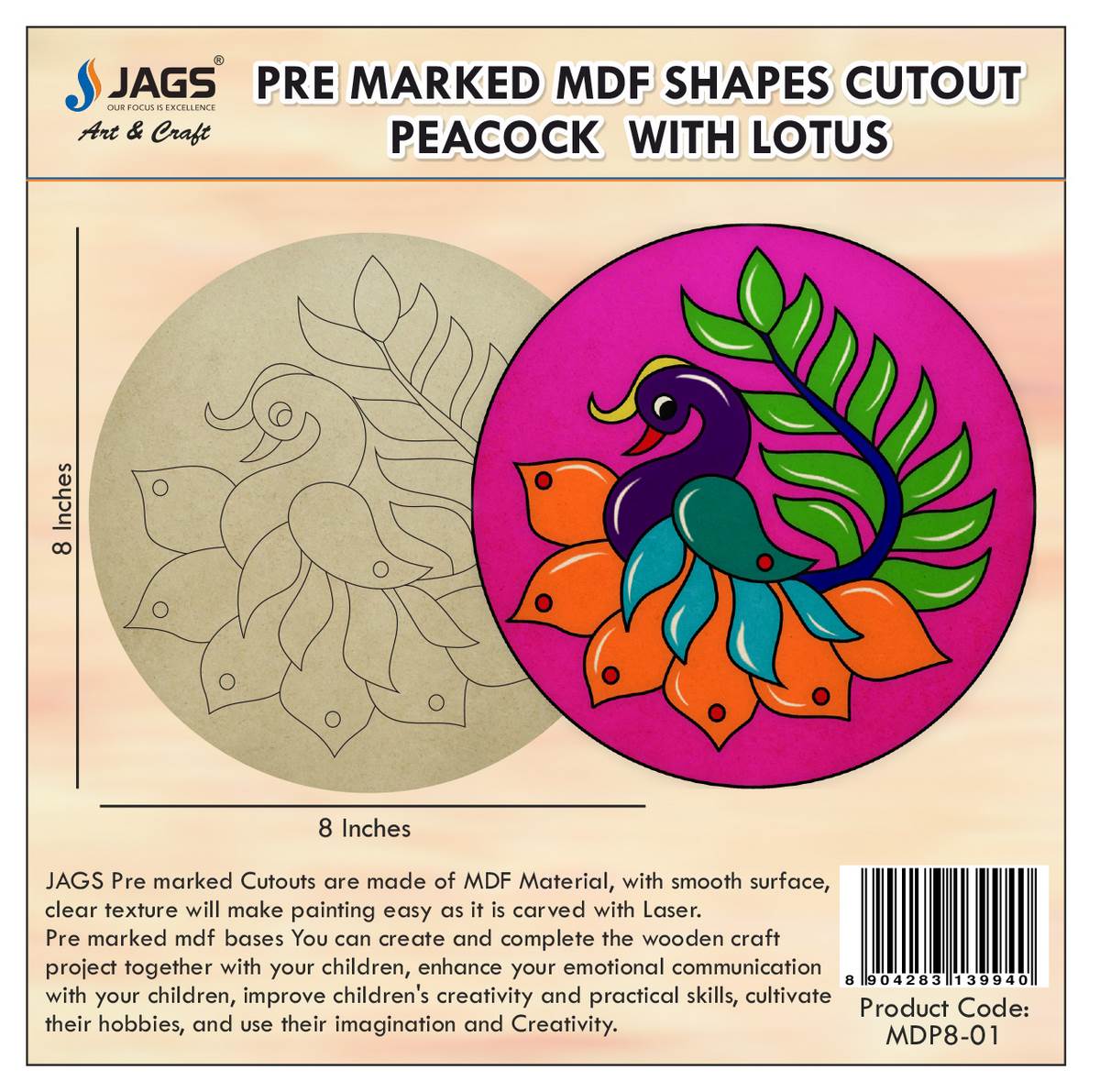 Pre Marked MDF Rangoli Cutout With Easel Brush Water Colors | 8 Inch