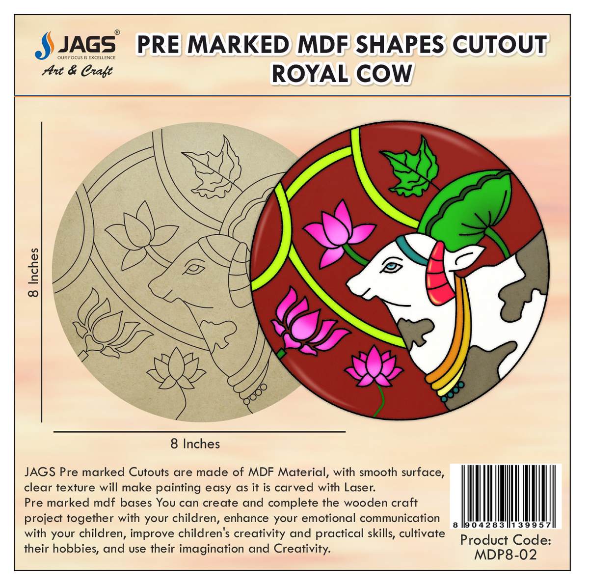 Pre Marked MDF Royal Cow Cutout With Easel Brush Water Colors | 8 Inch