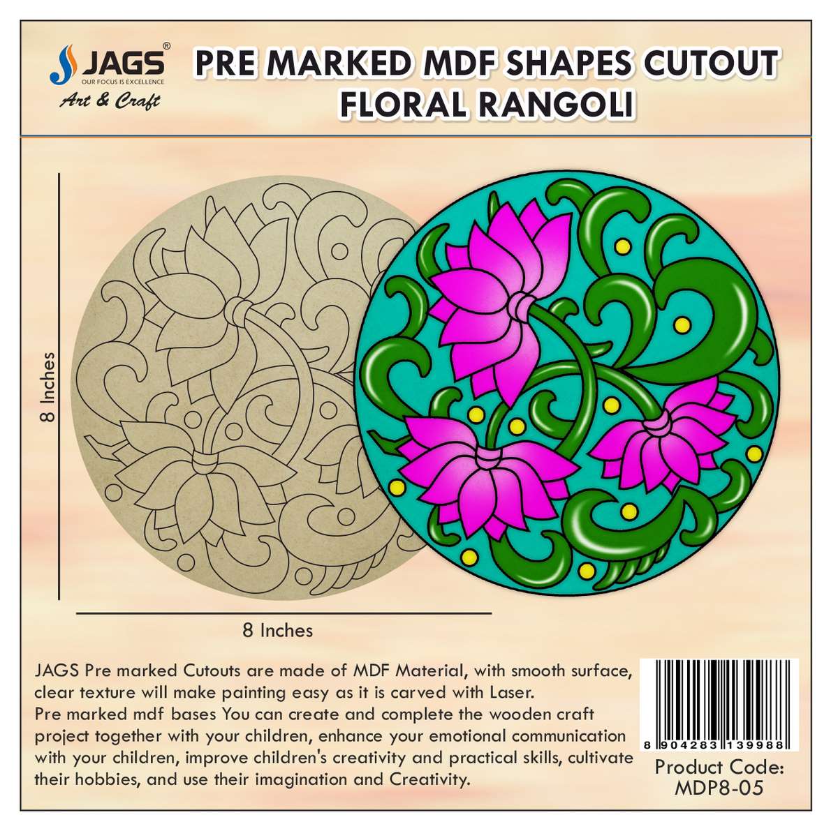 Pre Marked MDF Floral Cutout With Easel Brush Water Colors | 10 Inch