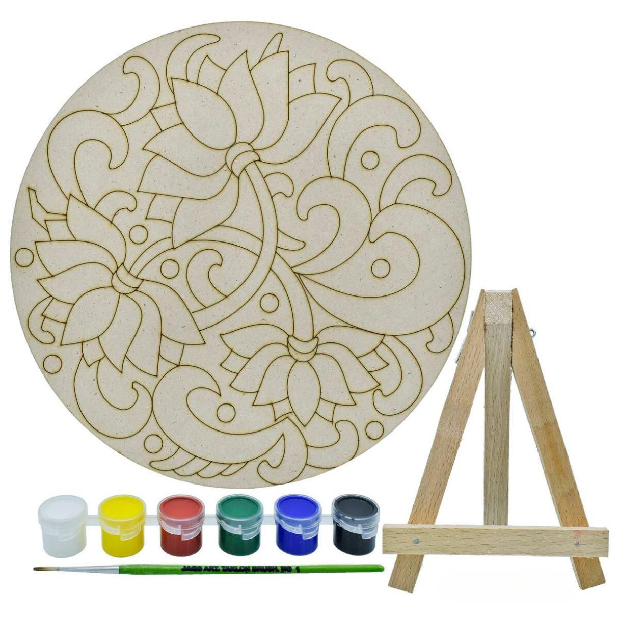 Pre Marked MDF Floral Cutout With Easel Brush Water Colors | 10 Inch