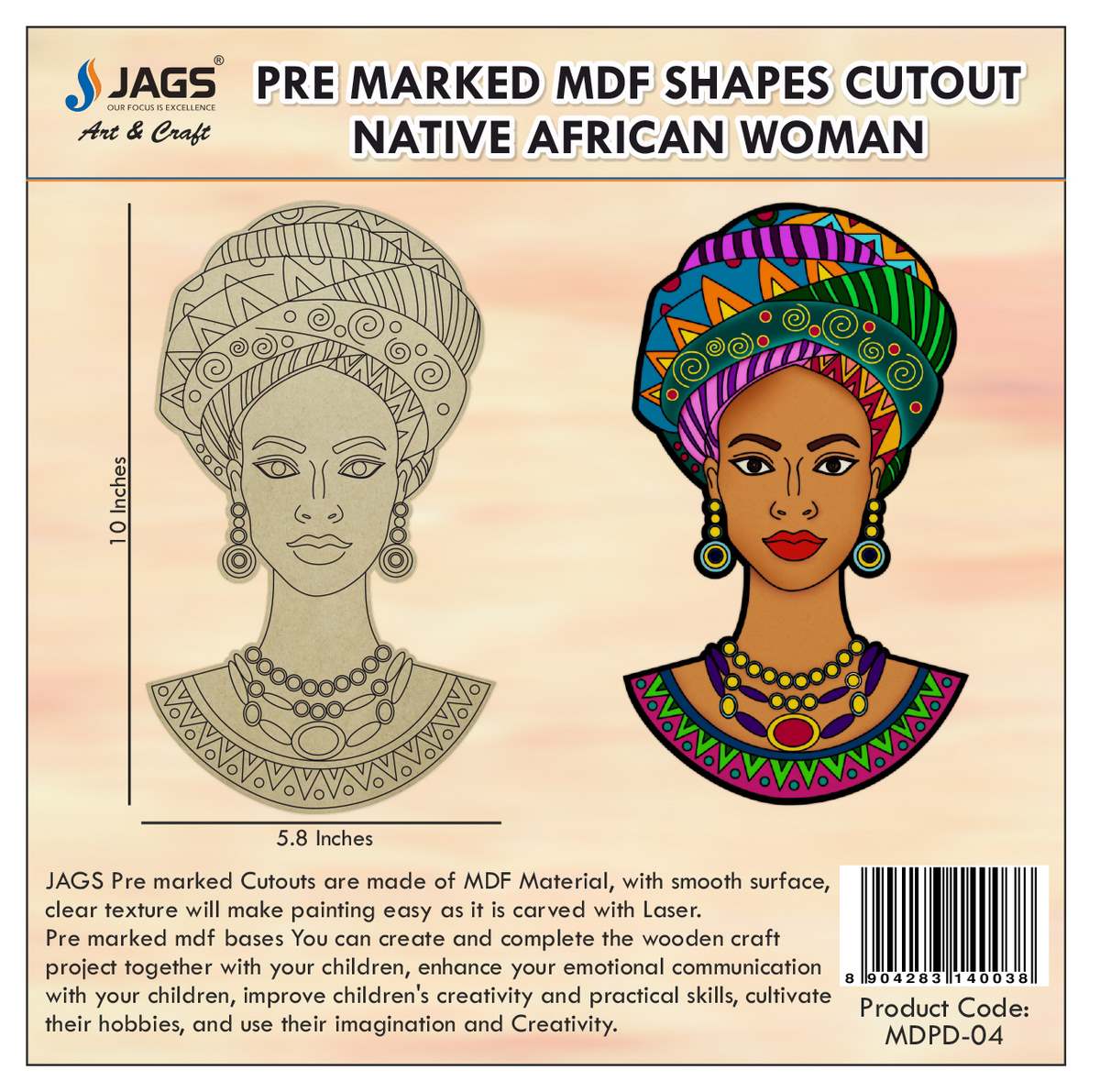 Pre Marked MDF Native African Woman Cutout With Easel Brush Water Colors | 10 Inch