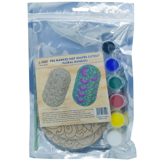 Pre Marked MDF Floral Rangoli Cutout With Brush Water Colors | Pack Of 4 | 4 Inch