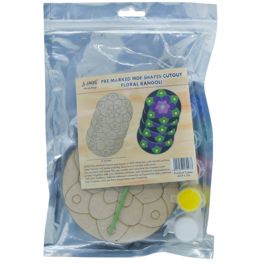 Pre Marked MDF Floral Rangoli Cutout With Brush Water Colors | Pack Of 4 | 4 Inch