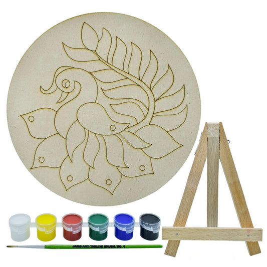 Pre Marked MDF Rangoli Cutout With Easel Brush Water Colors | 8 Inch