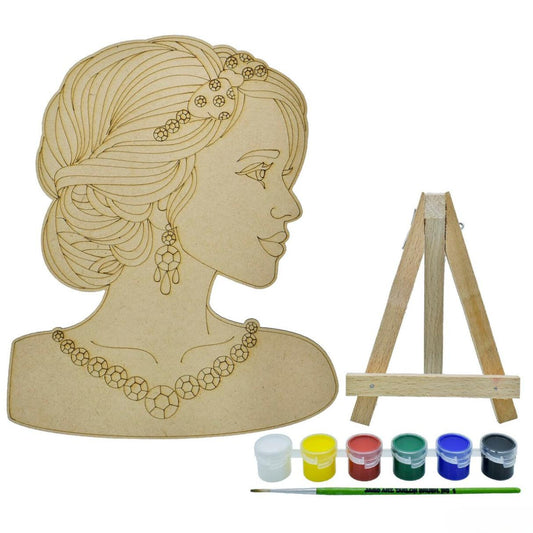 Pre Marked MDF Modern Girl Cutout With Easel Brush Water Colors | 8.2 Inch