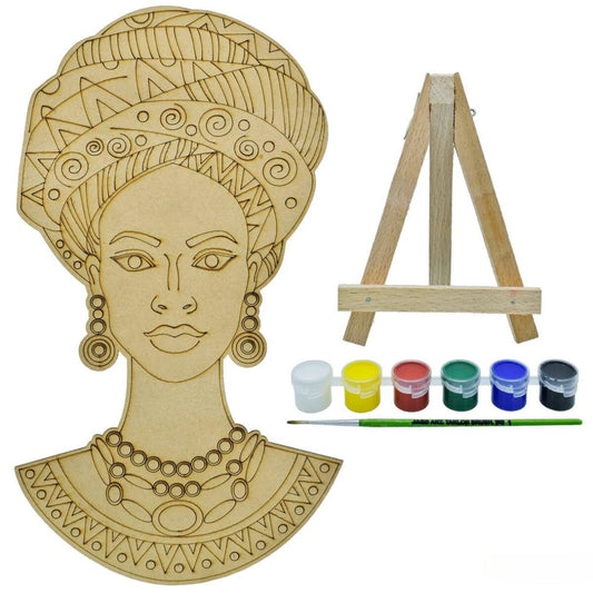 Pre Marked MDF Native African Woman Cutout With Easel Brush Water Colors | 10 Inch