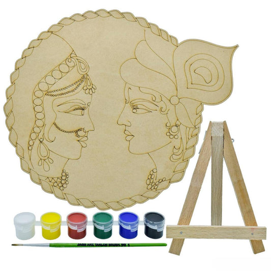 Pre Marked MDF Radhe Krishna Cutout With Easel Brush Water Colors | 8.2 Inch