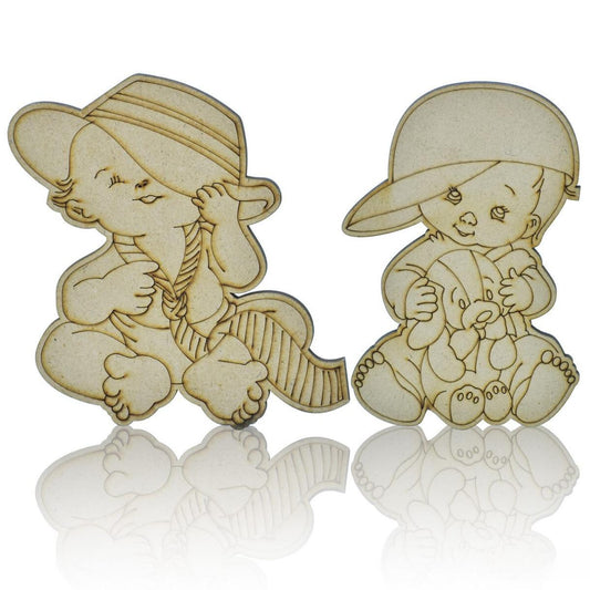 Pre-Marked MDF Baby Girl & Boy With Teddy Engraved Cutout With Brush & Watercolors | Pack Of 2 | Size 4x4.5 Inch