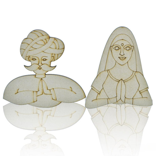 Pre-Marked MDF Rajasthani Couple Engraved Cutout With Brush & Watercolors | Pack Of 2 | Size 4x4 Inch