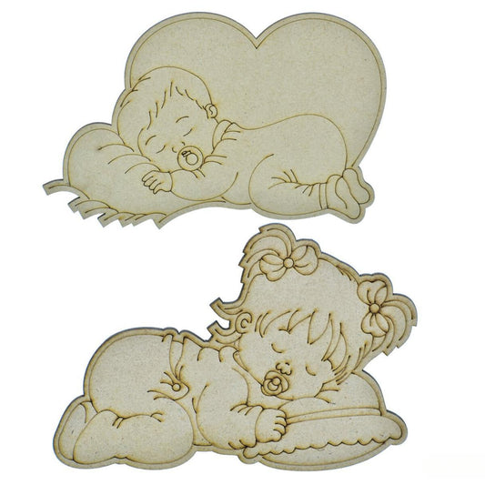 Pre Marked MDF Sleeping Girl & Boy Engraved Cutout With Brush & Water Colors | Pack Of 2 | Size 5x3.5 Inch